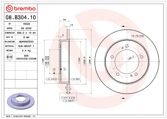 SUITABLE FOR JB74V (GJ) JIMNY | BREMBO | Front Brake Rotor (290mm)